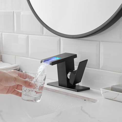Bathroom Sink Faucet LED Light 3 Colors Changing Waterfall Glass Spout Hot Cold Water Mixer Single Handle One Hole Deck Mounted Bathroom Faucet Black Lavatory Vanity Basin Bath Plumbing Fixtures - Image 6