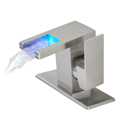 Bathroom Sink Faucet LED Light 3 Colors Changing Waterfall Glass Spout Hot Cold Water Mixer Single Handle One Hole Deck Mounted Bathroom Faucet Black Lavatory Vanity Basin Bath Plumbing Fixtures - Image 3
