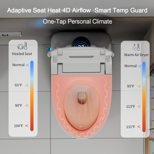 CUPC,UL,DOE,FCC,Smart Toilet Bidet Combo with Foot Sensor Open Cover/Seat, Self-Cleaning Nozzle, LED Display, Three Level Heated Seat/Airflow, Night Light, Knob Control, Soft Close, Auto Flush, with Remote Control - Image 5