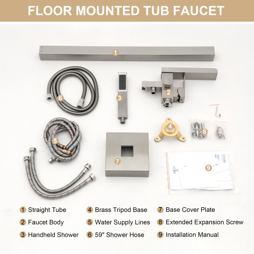 Freestanding Bathtub Faucet Waterfall Tub Filler Brushed Nickel Floor Mount Brass Bathroom Faucets with Hand Shower - Image 4