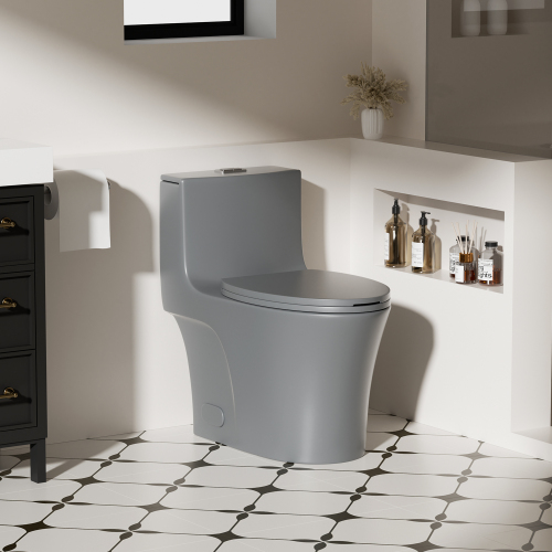 1.1/1.6 GPF Tornado Flush One-Piece Toilet Elongated, Siphonic S-trap 12",Soft Closing Seat, Button on Tank top ,Powerful Dual Flush MAP 1000g, Comfort Chair Seat ADA Height 17", Light gray