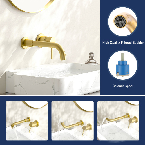 Wall Mount Faucet for Bathroom Sink or Bathtub, Single Handle 2 Holes Brass Rough-in Valve Included, Matte Black, Brushed Gold, Brushed Nicke - Image 4