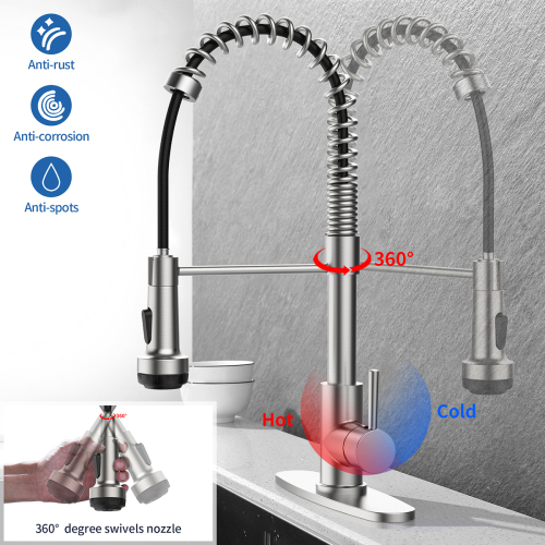 Kitchen Faucet with Pull Down Sprayer and 4 Spraying Modes Single Handle Commercial Spring Kitchen Sink Faucet Brushed Nickel 1 or 3 Hole - Image 4