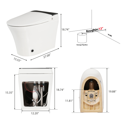 Heated Seat Smart Toilet, One Piece Toilet, Automatic Flush Tankless Toilet without Bidet, with Foot sensor Flush, Blue Night Light, Knob Control, Power Outage Flushing, Soft Close Cover,White - Image 6