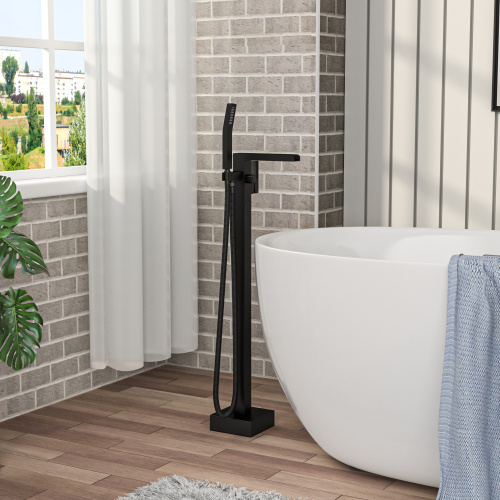 Freestanding Bathtub Faucet Waterfall Tub Filler Matte Black Floor Mount Brass Bathroom Faucets with Hand Shower - Image 7