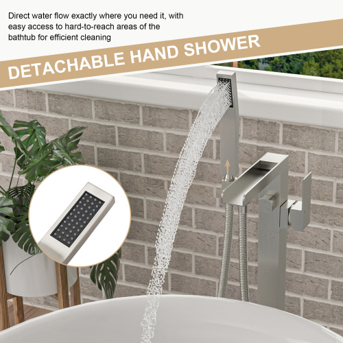 Freestanding Bathtub Faucet Waterfall Tub Filler Brushed Nickel Floor Mount Brass Bathroom Faucets with Hand Shower - Image 9