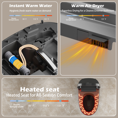 Smart Toilet with Bidet Built in, ADA One-Piece Toilet Auto Open/Close & Flush, Heated Seat, Front & Rear Wash, LED Display, Night Light, 12-inch Rough-in (Matte Grey) - Image 4