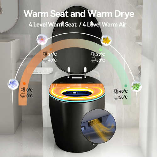 Unique Smart Toile, One Piece Toilet with Bidet Built In,Auto Open/Close Seat, Foot Sensor, LED Display,Night Light, Warm Water & Dryer,black - Image 5