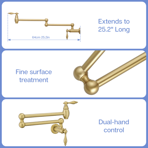 Pot Filler,Wa
ll Mount Commercial Pot Filler Faucet,Brass Material Kitchen Folding Faucet,Coffee Machine Faucet with Stretchable Double Joint Swing Arms,Style A,Brushed Gold??Brushed Nickel,Black - Image 6