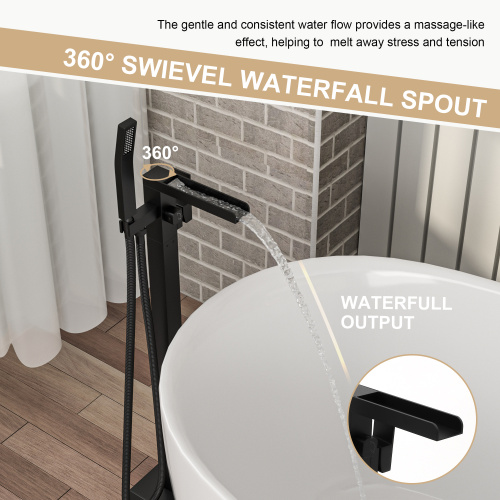 Freestanding Bathtub Faucet Waterfall Tub Filler Matte Black Floor Mount Brass Bathroom Faucets with Hand Shower - Image 2