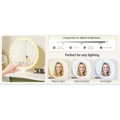 Crystal Edge LED Makeup Mirror with 3-Color Dimmable Lighting - Image 2