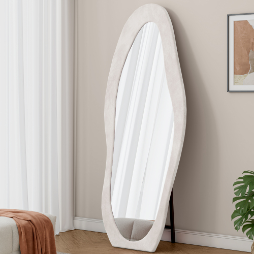 Full Length Mirror, 63" x 24" Floor Mirror/ Wall Mirror, Flannel Wrapped Wooden Frame Floor Mirror,Irregular Wavy Mirror Standing/Halling Large Wall Mirror for Bedroom,Living Room, Dressing Room White - Image 2