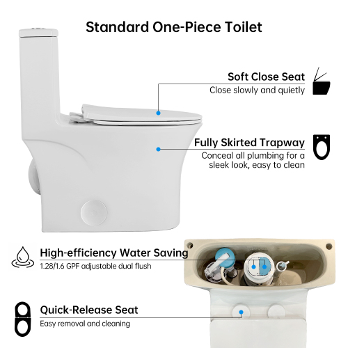 1.1/1.6 GPF Elongated Comfort Height Floor Mounted One-Piece Toilet, CUPC Certified, WaterSense Cetified, Ceramic, White Color, Soft Close Seat - Image 9