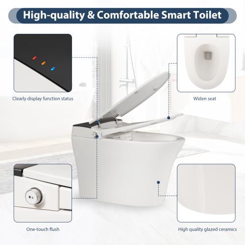 Heated Seat Smart Toilet, One Piece Toilet, Automatic Flush Tankless Toilet without Bidet, with Foot sensor Flush, Blue Night Light, Knob Control, Power Outage Flushing, Soft Close Cover,White - Image 4