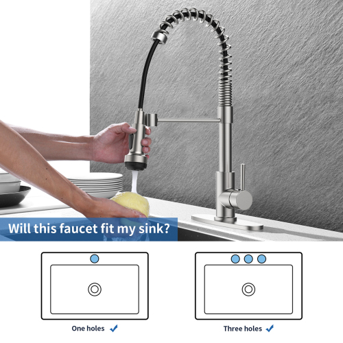 Kitchen Faucet with Pull Down Sprayer and 4 Spraying Modes Single Handle Commercial Spring Kitchen Sink Faucet Brushed Nickel 1 or 3 Hole - Image 2