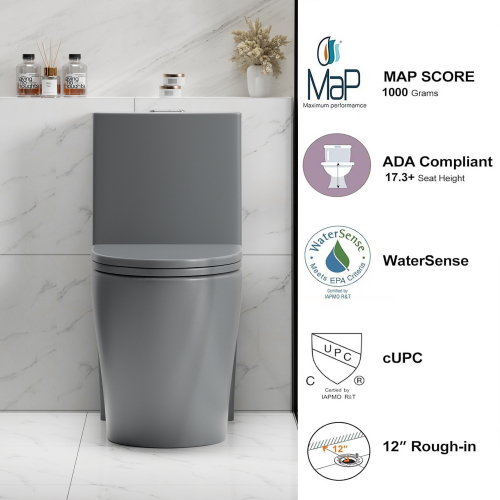 1.1/1.6 GPF Tornado Flush One-Piece Toilet for bathrooms,Siphonic S-trap 12",Elongated Bowl with Soft Close Seat,Powerful Dual Flush MAP 1000g,Comfort Chair Seat ADA Height 17", Light gray ,Pink,White,Black - Image 2