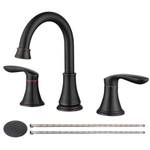 2-Handle 8 inch Widespread Bathroom Sink Faucet ?Oil-Rubbed Bronze Lavatory Faucet 3 Hole 360?? Swivel Spout Vanity Sink Basin Faucets with Pop Up Drain Assembly and cUPC Water Supply Hoses