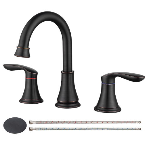 2-Handle 8 inch Widespread Bathroom Sink Faucet ?Oil-Rubbed Bronze Lavatory Faucet 3 Hole 360?? Swivel Spout Vanity Sink Basin Faucets with Pop Up Drain Assembly and cUPC Water Supply Hoses