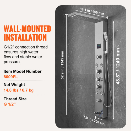 Shower Panel System, 6 Shower Modes, LED & Screen Hydroelectricity Shower Panel Tower, Rainfall, Waterfall, 8 Massage Jets, Tub Spout, Handheld Shower, Stainless Steel Wall-Mounted Shower Set - Image 8