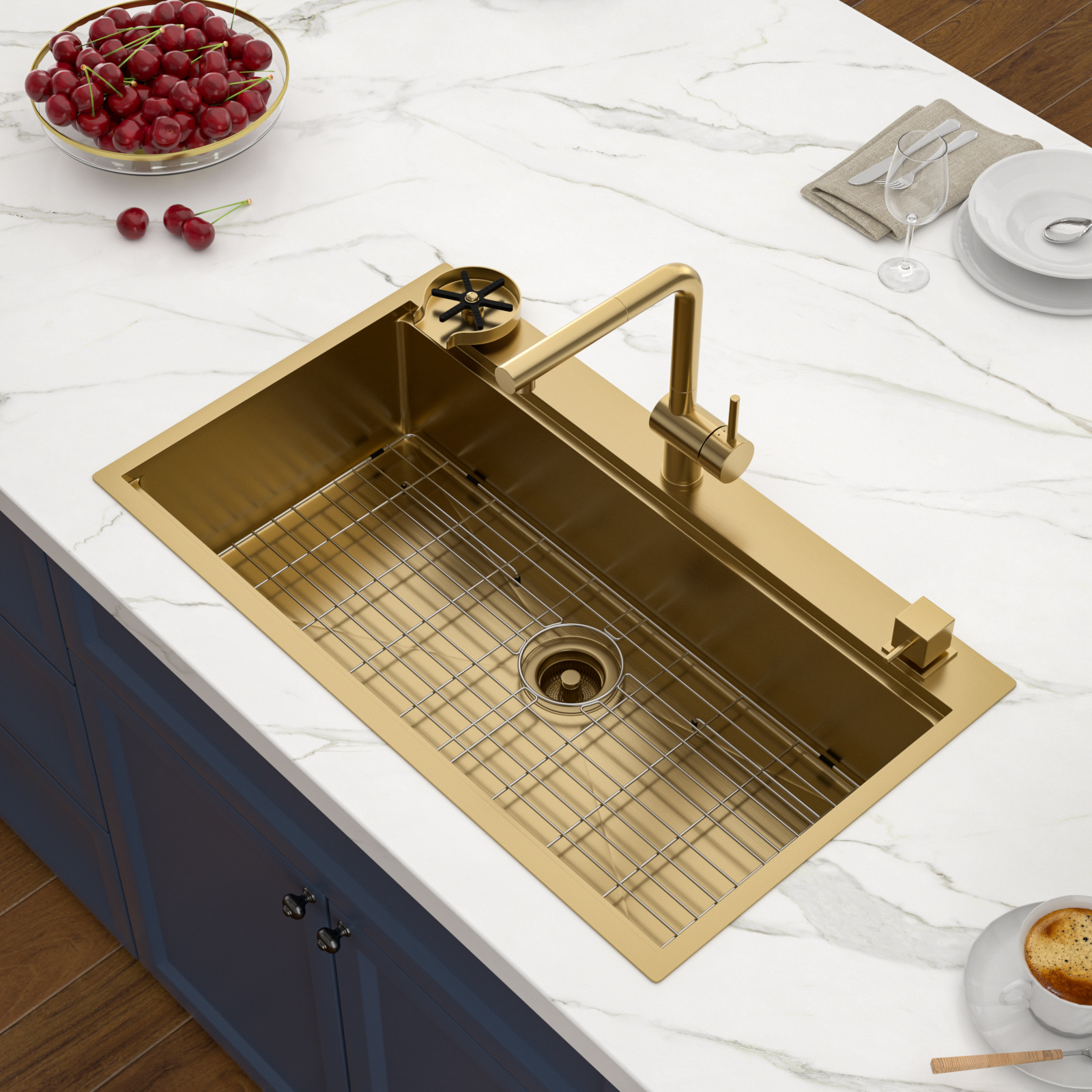 36"16 Gauge Stainless Steel Single Bowl One-Tiered Ledge Kitchen Sink Gold Drop-in Stainless Steel Workstation Kitchen Sink - Image 3