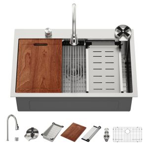 33" 304 Stainless Steel Workstation Single Bowl Kitchen Sink With Waterfall Flow