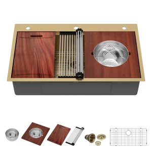 36"16 Gauge Stainless Steel Single Bowl One-Tiered Ledge Kitchen Sink Gold Drop-in Stainless Steel Workstation Kitchen Sink