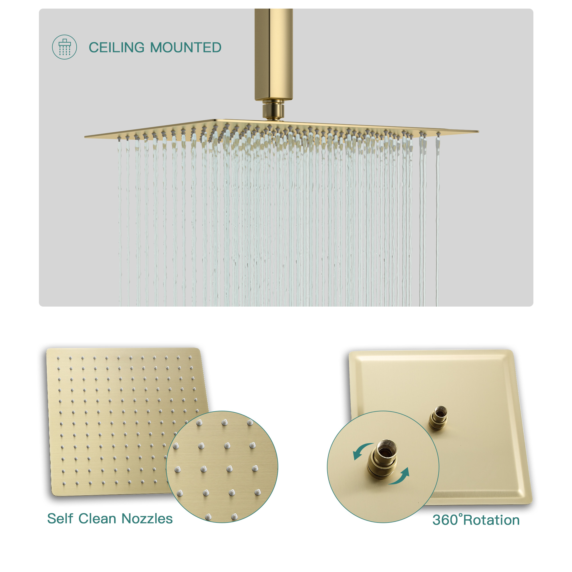 Dual Shower Head - 12 Inch/10 Inch Wall Mounted Square Shower System with Rough-in Valve,Gold,Brushed Nickel - Image 5