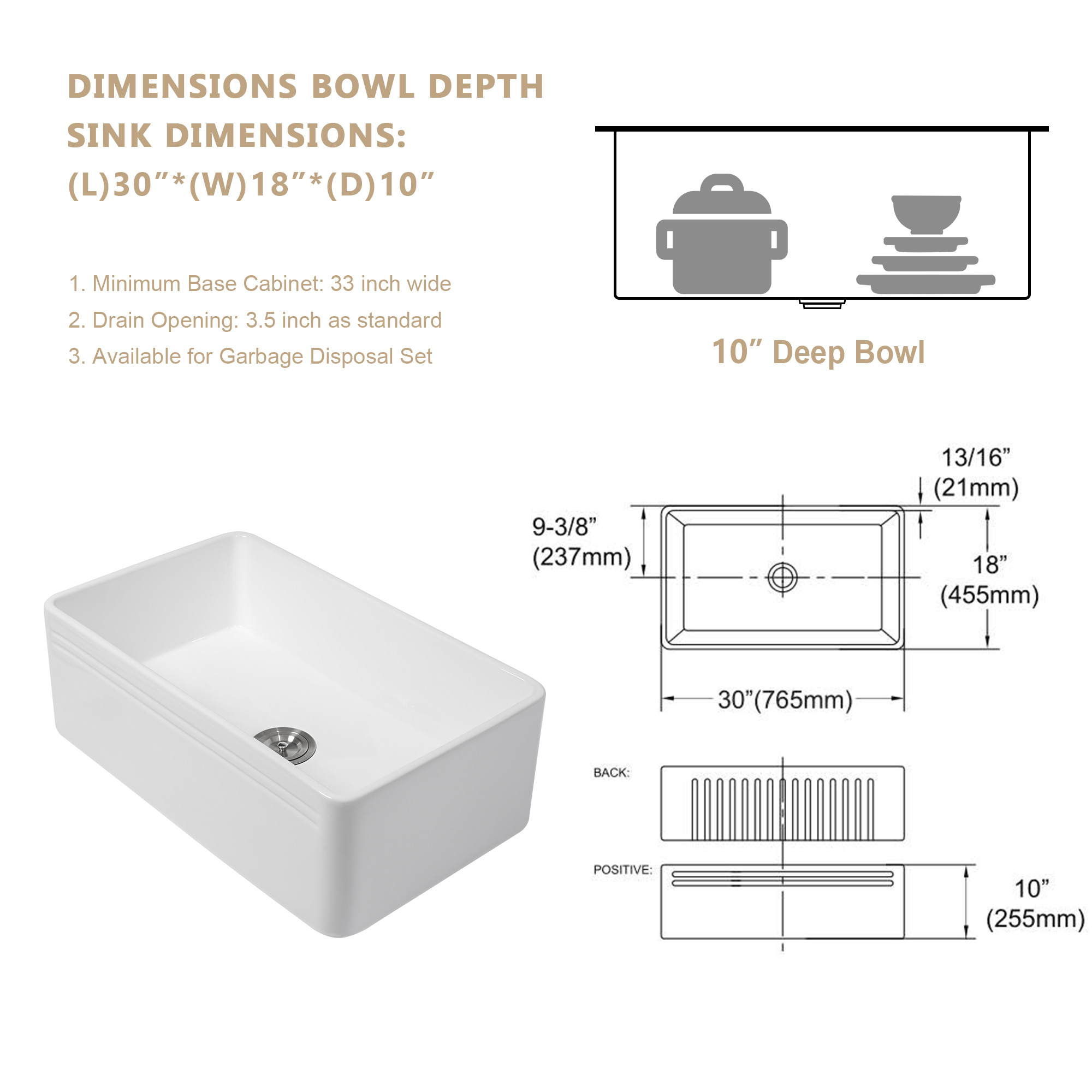Sarlai Single Bowl Farmhouse Sink With Apron Front Porcelain Ceramic Kitchen Sinks Includes Accessories - Image 5