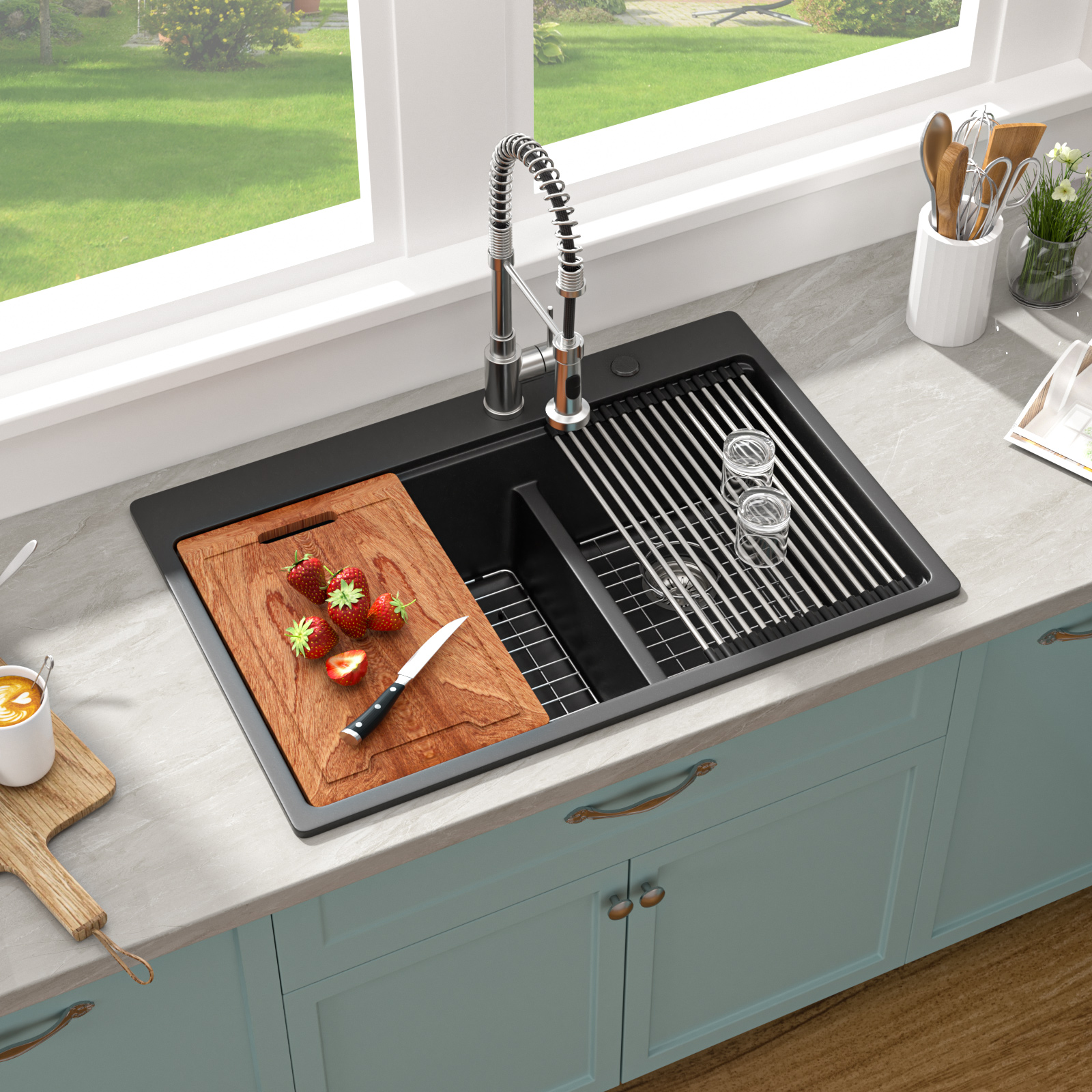 Quartz Composite with Ledge Workstation Cutting Board Topmount Black 33 Double Basins Granite Kitchen Sink - Image 2