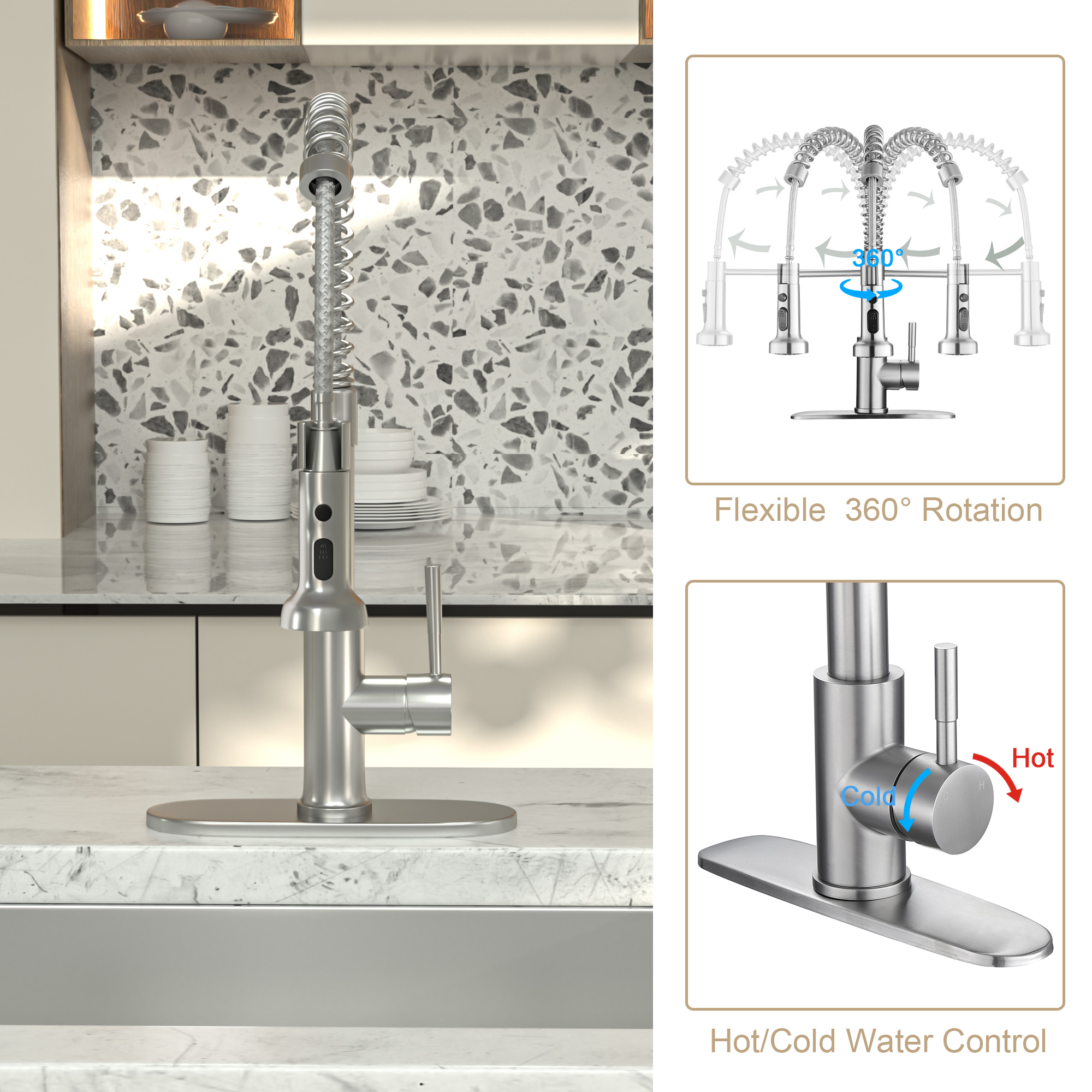 15 1/2 Inches Commercial Kitchen Faucet with Dual Function Pull-Down Sprayhead in Brushed Nickel Finish, Stainless Steel - Image 4