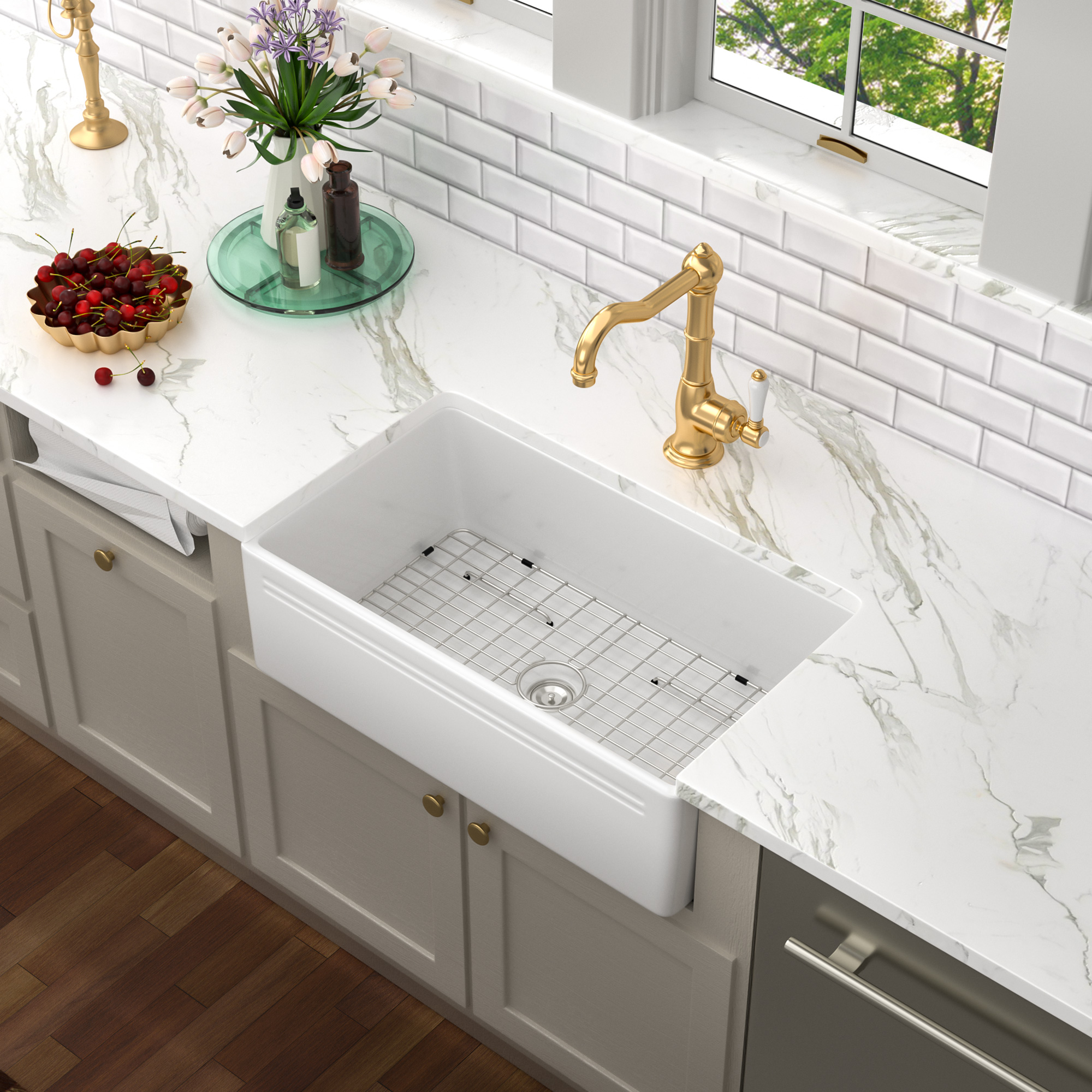 Sarlai Single Bowl Farmhouse Sink With Apron Front Porcelain Ceramic Kitchen Sinks Includes Accessories - Image 6