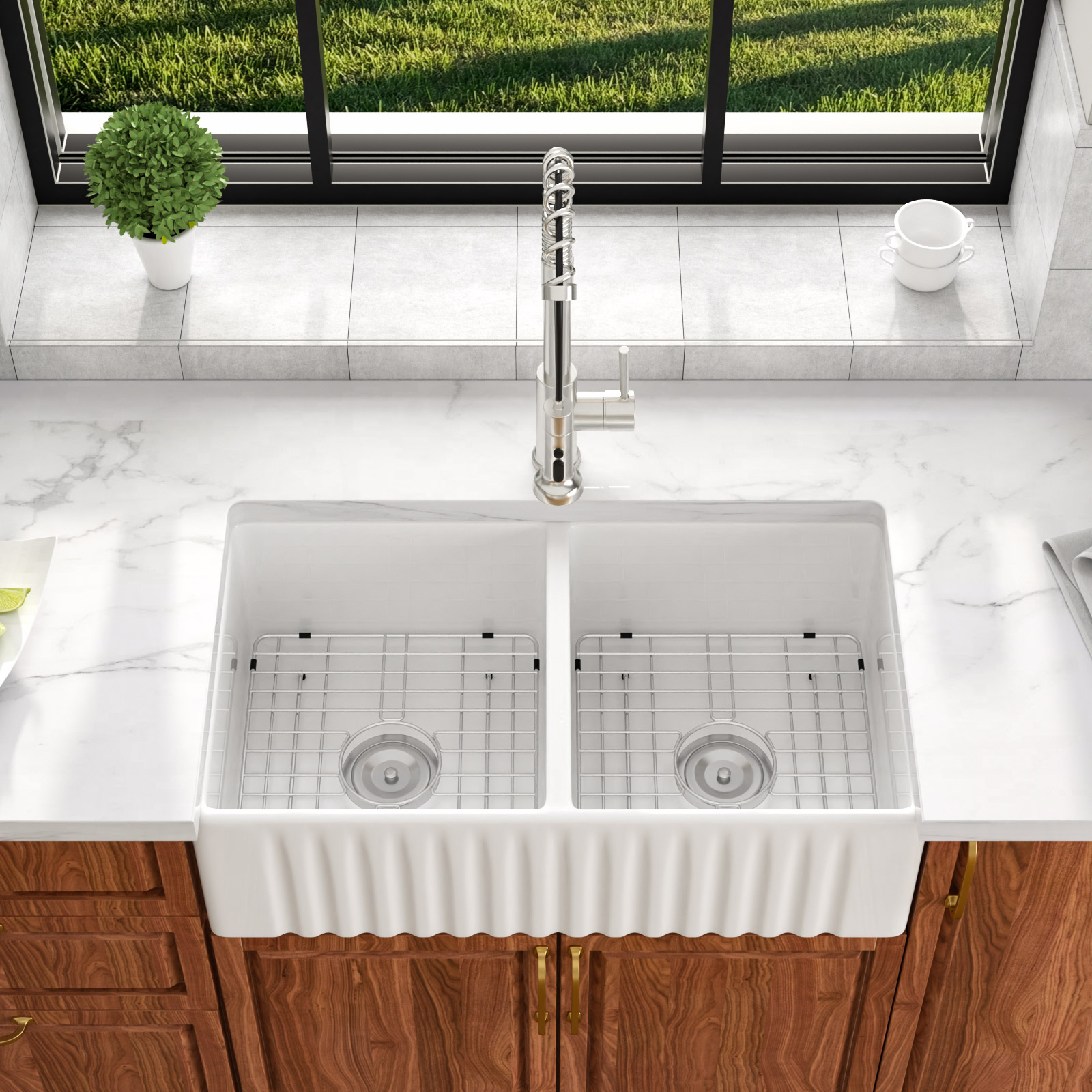 Double Bowl Farmhouse Workstation Kitchen Sink Porcelain White Apron Front Ceramic Farmhouse Sink