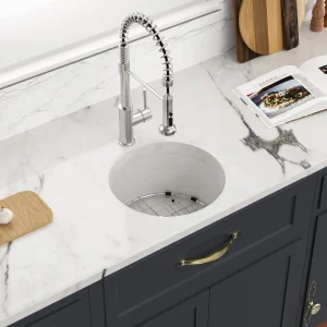 White Undermount/Drop-in Fireclay Single Bowl Round Kitchen Sink with Bottom Grid and Strainer