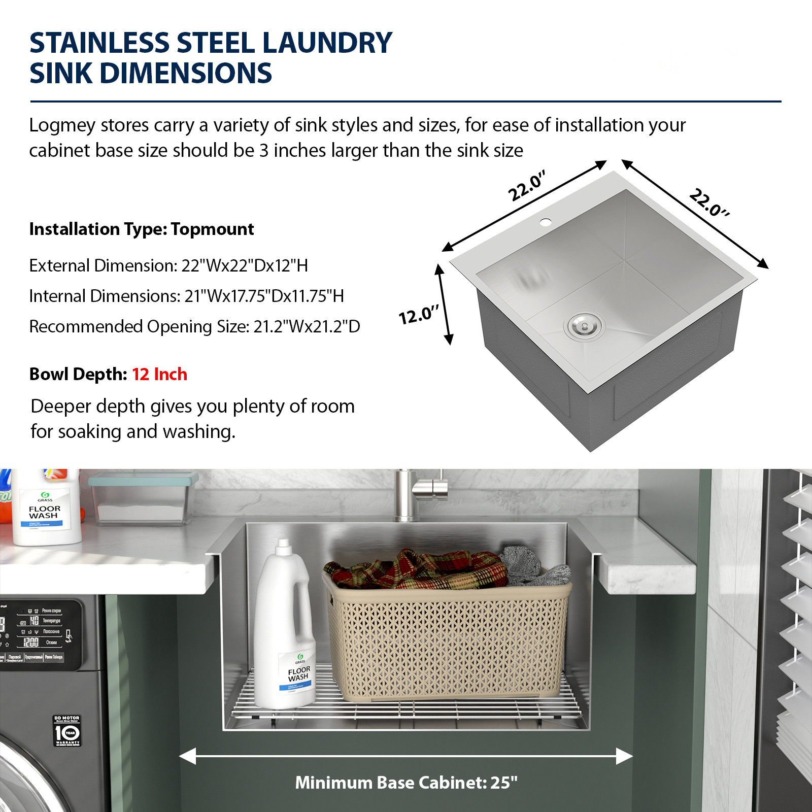 12" Deep Laundry Room Stainless Sink 12" Deep Top Counter Laundry Room Stainless Sink Single Bowl Laundry Utility Sink - Image 6