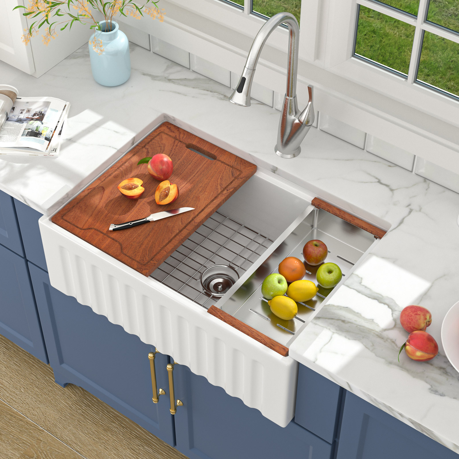 Single Bowl Farmhouse Sink With Apron Front Porcelain Ceramic Kitchen Sinks Includes Accessories - Image 5