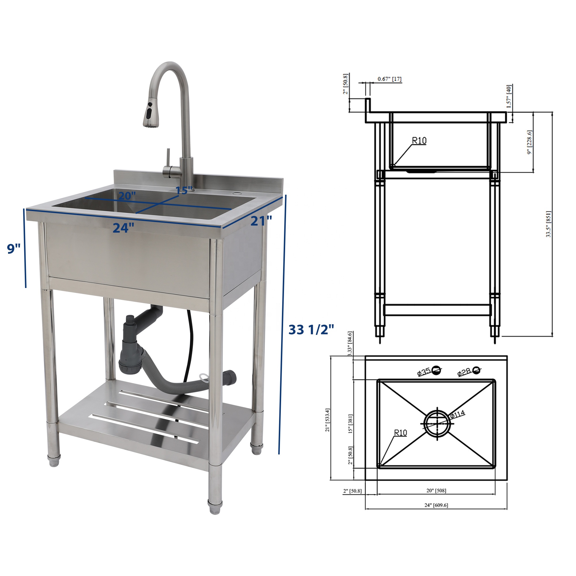Single Bowl Freestanding Stainless Steel Multi-Functional Kitchen Sink Portable Commercial Utility Sink - Image 5