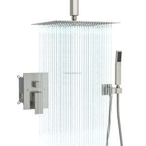Dual Shower Head - 12 Inch/10 Inch Wall Mounted Square Shower System with Rough-in Valve,Gold,Brushed Nickel