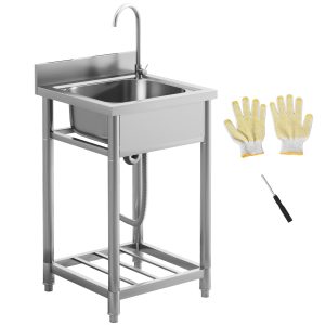 22 Inch Stainless Steel Sink Freestanding Single Bowl Kitchen Water Pipe & Storage Shelf for Laundry Garage Outdoor Utility Sink