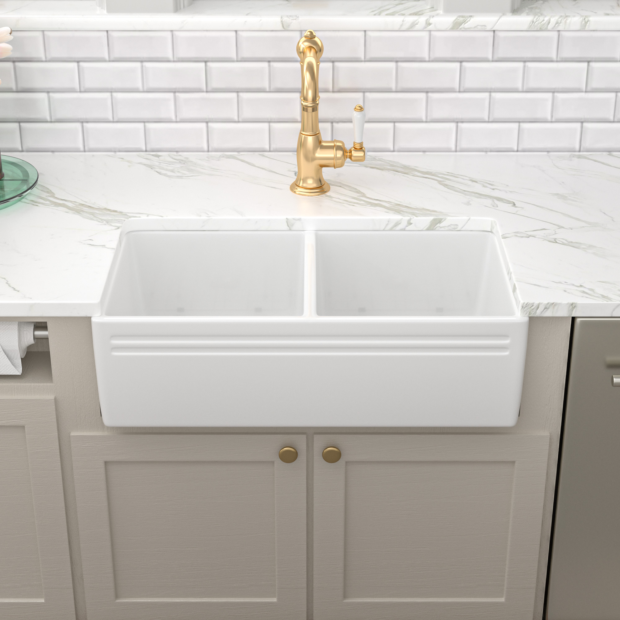 Farmhouse Ceramic Kitchen Sink Reversible Double Bowl Farm Sink with Strainer - Image 5