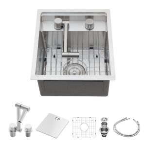 Single Bowl Kitchen Sink with Foldable Faucet Stainless Steel Undermount Bar Sink