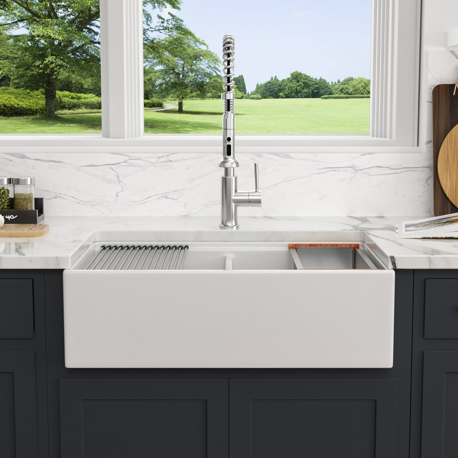 Fireclay Kitchen Sinks Double Bowls Ceramic Farmhouse Sinks with Workstation - Image 3
