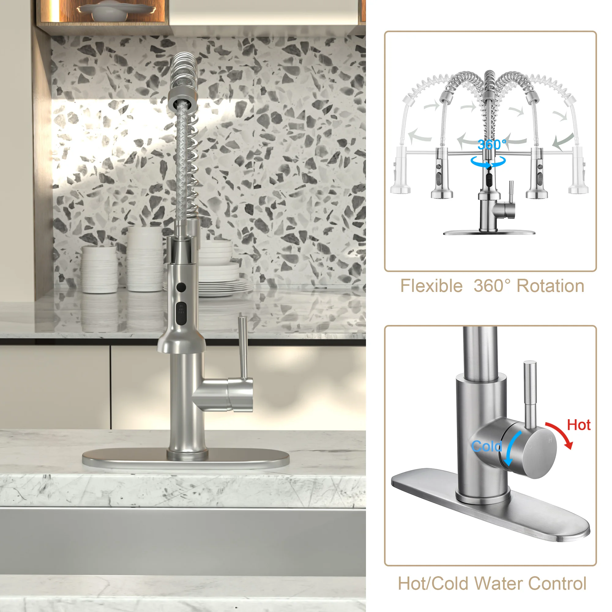 15 1/2 Inches Commercial Kitchen Faucet with Dual Function Pull-Down Sprayhead in Brushed Nickel Finish, Stainless Steel - Image 8
