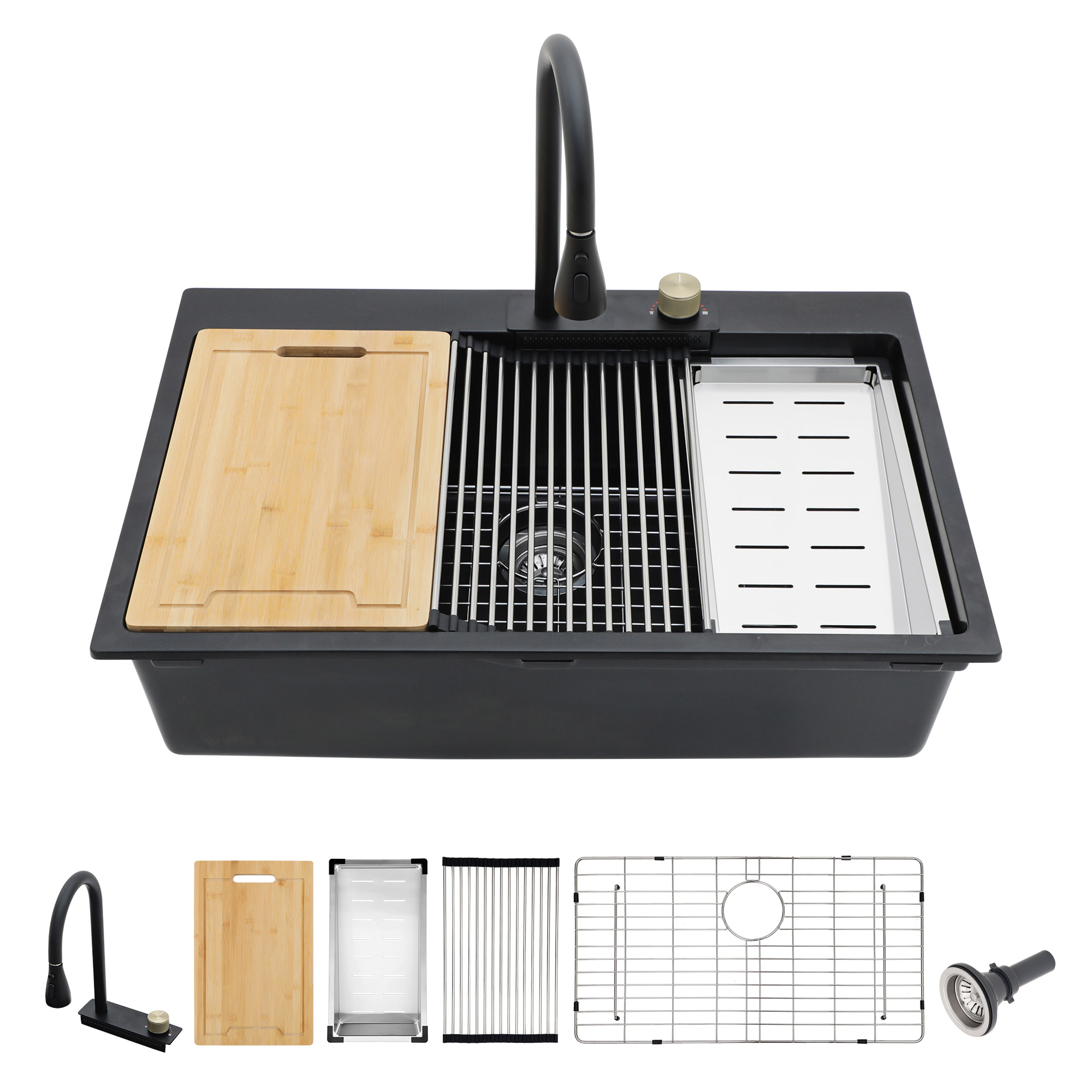 Quartz Stone Single Bowl Kitchen Sink Rectangular Above Counter Workstation With Faucet & Drainer