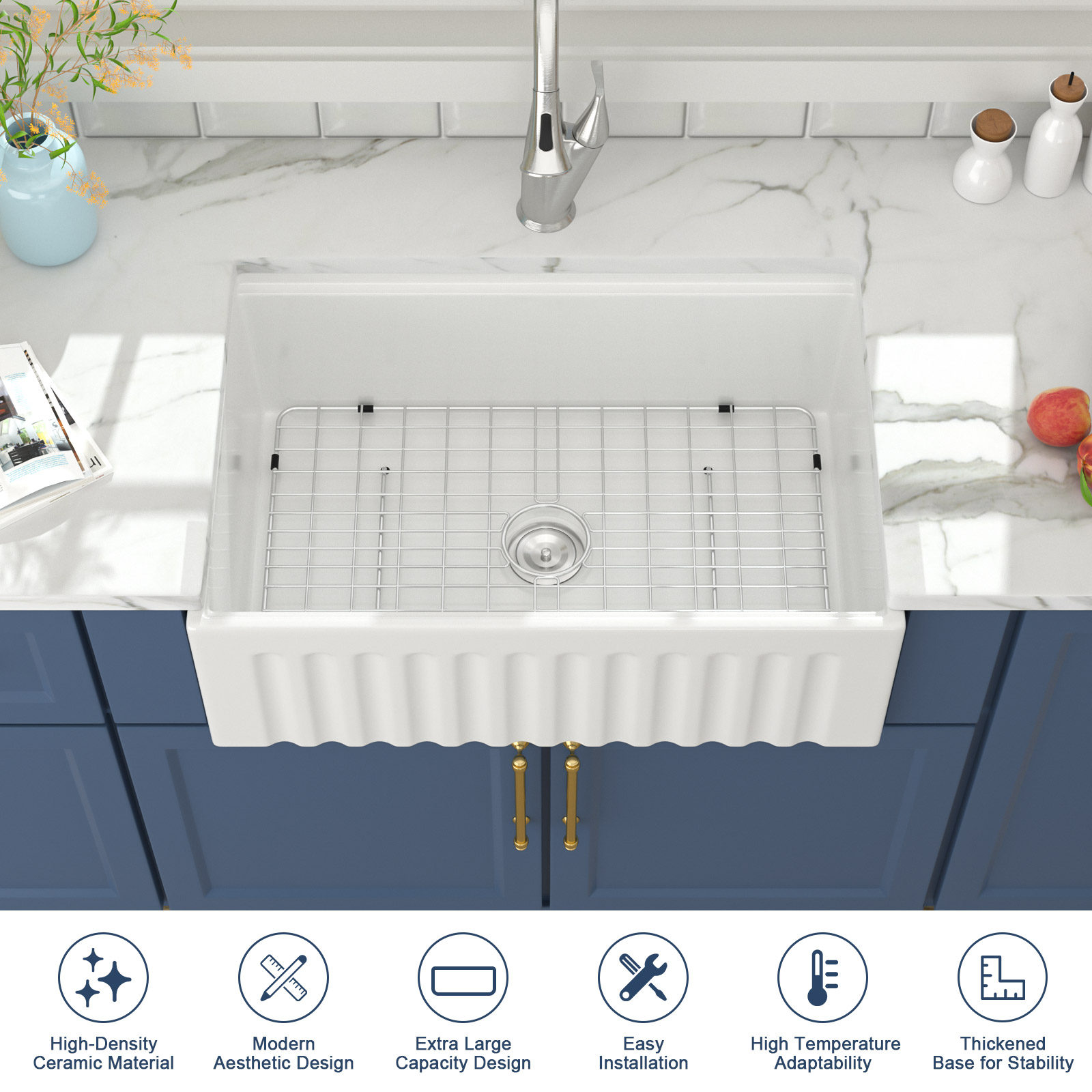 Single Bowl Farmhouse Sink With Apron Front Porcelain Ceramic Kitchen Sinks Includes Accessories - Image 2