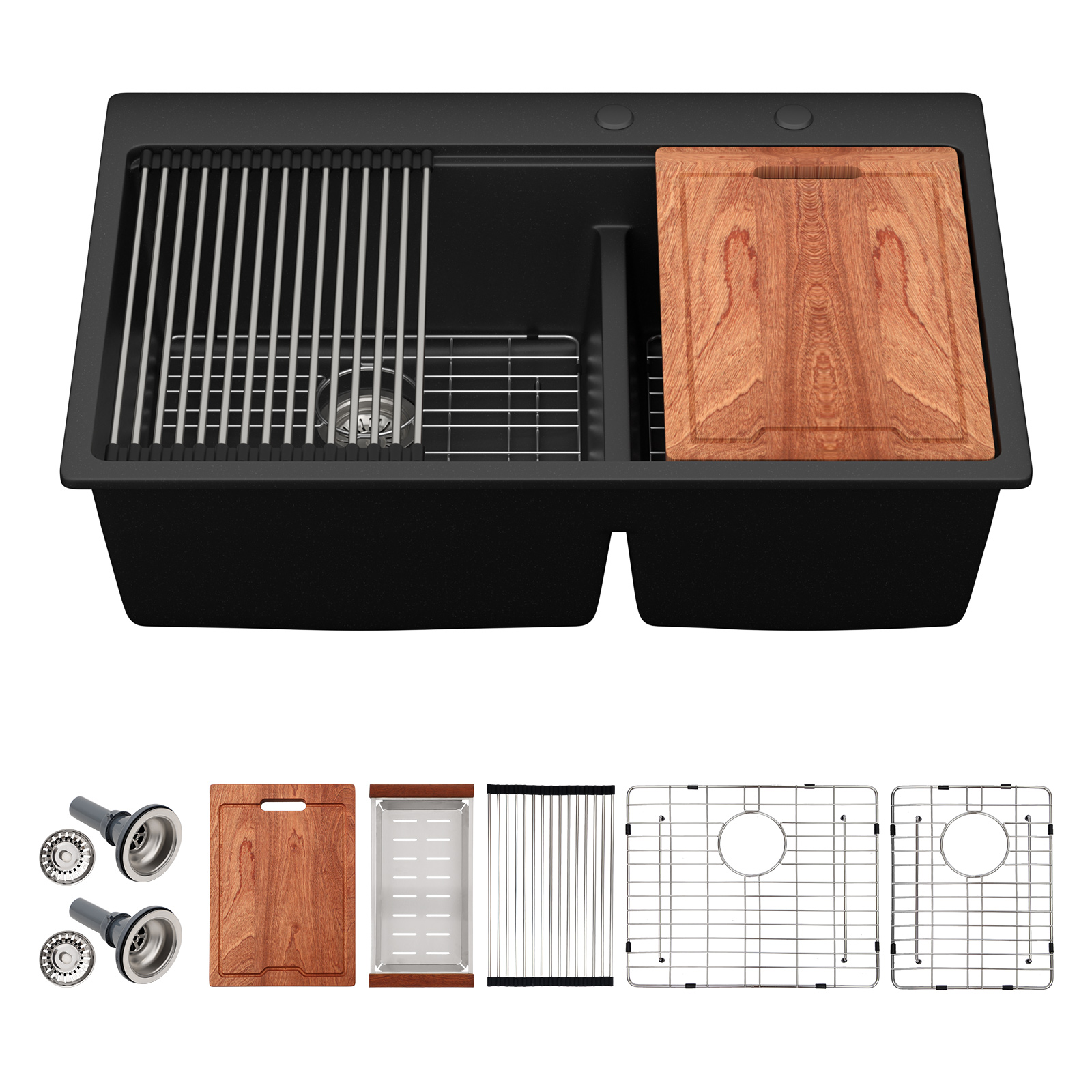 Quartz Composite with Ledge Workstation Cutting Board Topmount Black 33 Double Basins Granite Kitchen Sink
