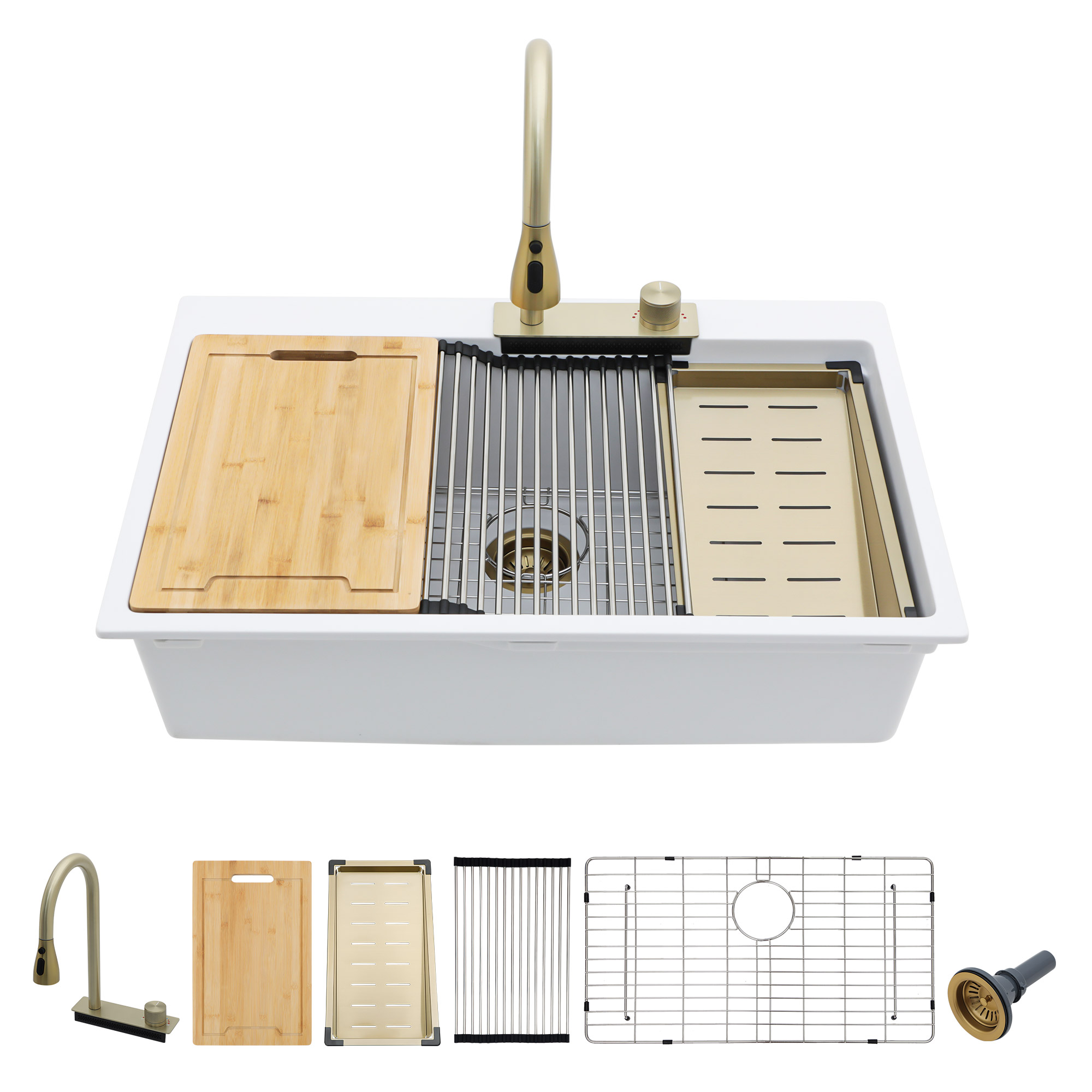 Quartz Stone Single Bowl Kitchen Sink Rectangular Above Counter Workstation With Faucet & Drainer - Image 2