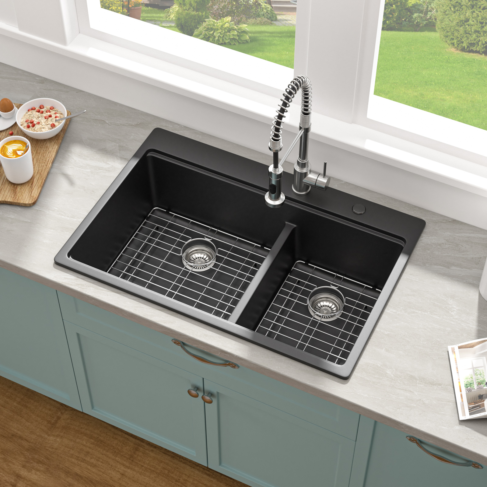Quartz Composite with Ledge Workstation Cutting Board Topmount Black 33 Double Basins Granite Kitchen Sink - Image 3