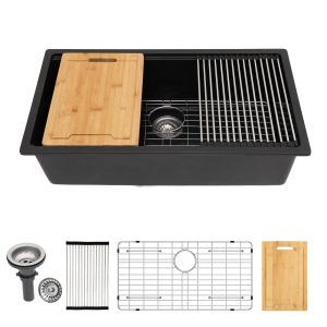 32"x19" Quartz Composite with Ledge Workstation Undermount Matte Black 32 Inches Granite Kitchen Sink