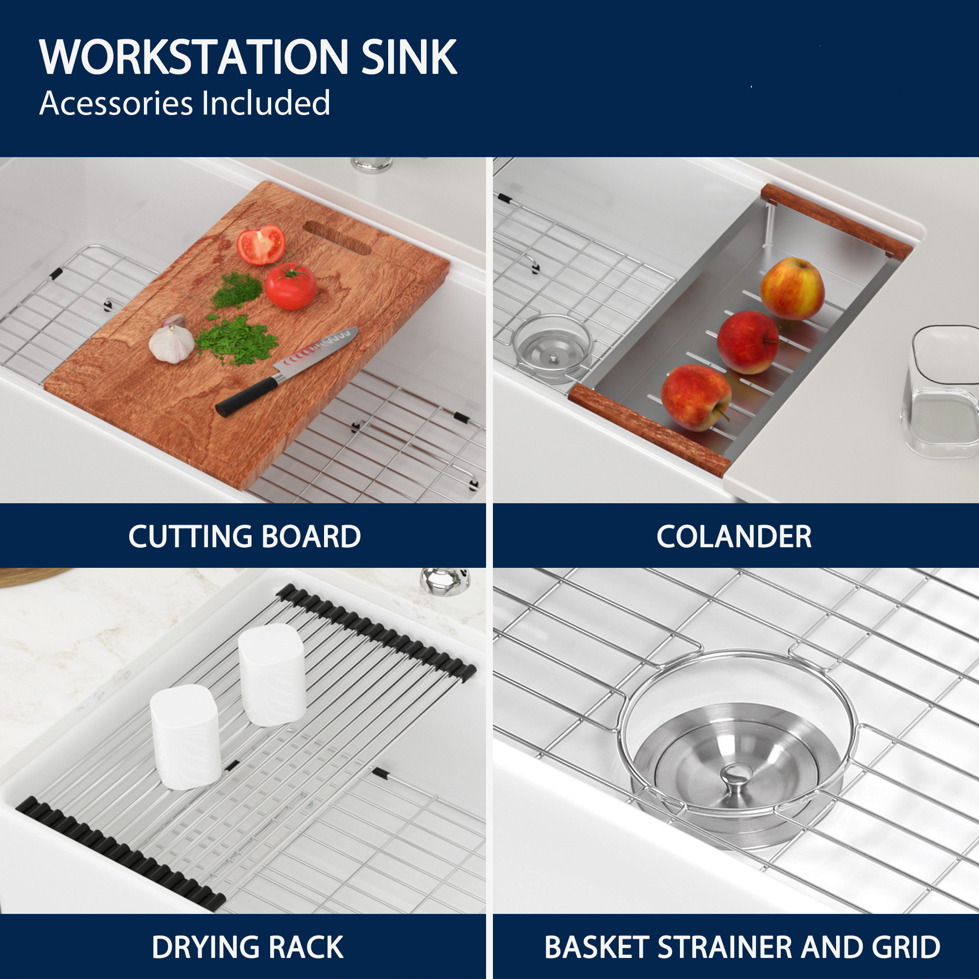 Single Bowl Farmhouse Sink With Apron Front Porcelain Ceramic Kitchen Sinks Includes Accessories - Image 4