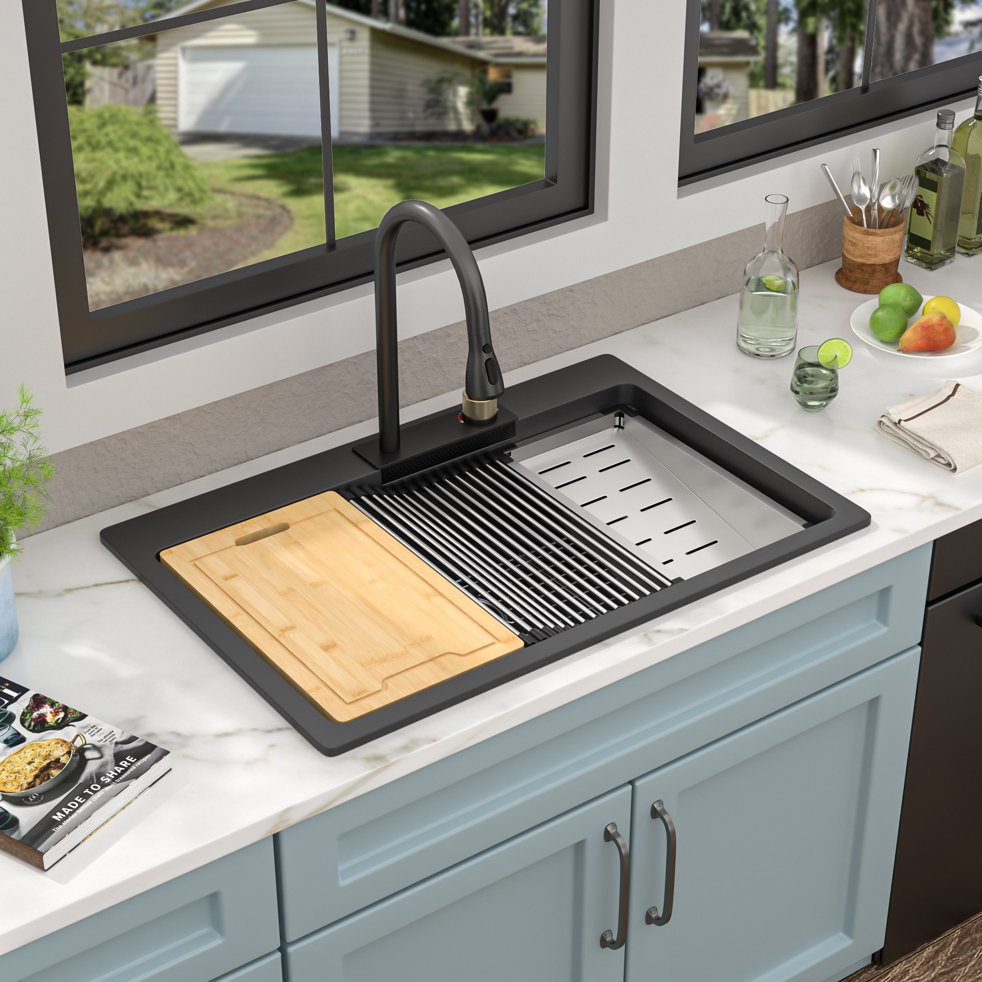 Quartz Stone Single Bowl Kitchen Sink Rectangular Above Counter Workstation With Faucet & Drainer - Image 5